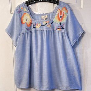 NEW Perch by Blu Pepper 2XL Blouse Short Sleeve Decorated Lace & Embroidery Blue